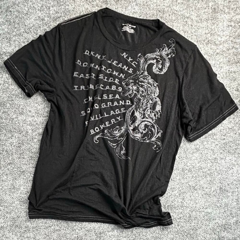 Y2K DKNY Jeans NYC Lion Graphic T-Shirt Men’s XL Black Distressed